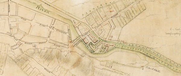 A portion of ‘A mounted hand drawn plan of Newry town on tracing paper by Matthew Wren, 1761.’  NMM:2007.196  Newry & Mourne Museum Collection