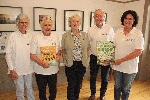 Dublin’s Eanna Ní Lamhna with festival organisers Ada Elliot, Margot Groves, Andy Peters and Catherine Fegan in Chandler’s House, Rathfriland.