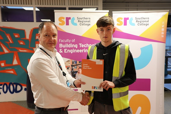 Bricklaying apprentice Ryan Coulter from Mayobridge who completed the SRC SkillBuild Intercampus competition with a second-place finish.  Ryan is pictured alongside Curriculum Area Manager Gareth Mone.