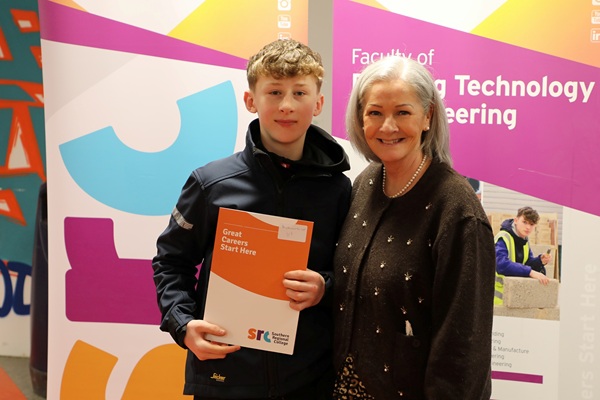Joseph McParland from St Pauls High School who came 3rd in the Brickwork category of the 2026 SRC Schools Partnership Intercampus competition.  Joseph is pictured alongside SRC Director of Curriculum Libby Shackels.