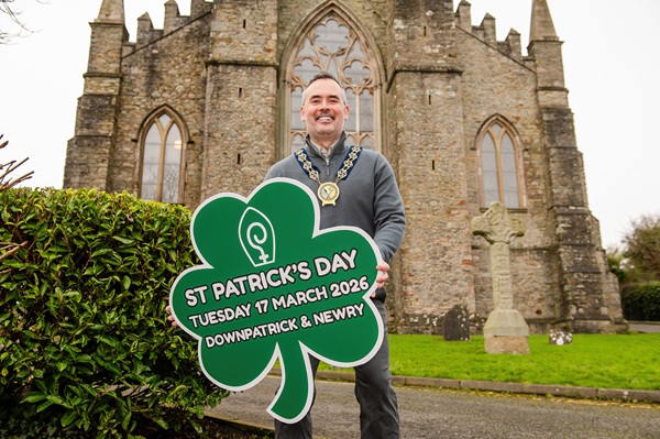 Newry, Mourne and Down District Council Chairperson, Cllr Philip Campbell, is photographed in front of Down Cathedral in Downpatrick - the historical burial place of Saint Patrick - to launch this year’s St Patrick’s Day Celebrations in Newry and Downpatrick on Tuesday 17 March.