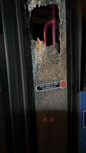 Damage to the bus caused by the stone throwing incident
