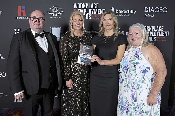 Employ Me CEO partners accepting the “Team of the Year – Small Business” Award at the Workplace and Employment Awards at the Titanic. From left: Liam Devine (Clanrye Group), Kellie Murray (Community Advice Newry, Mourne and Down), Lee Campbell (Southern Regional College) and Eileen Murphy (Women’s Aid Armagh Down).