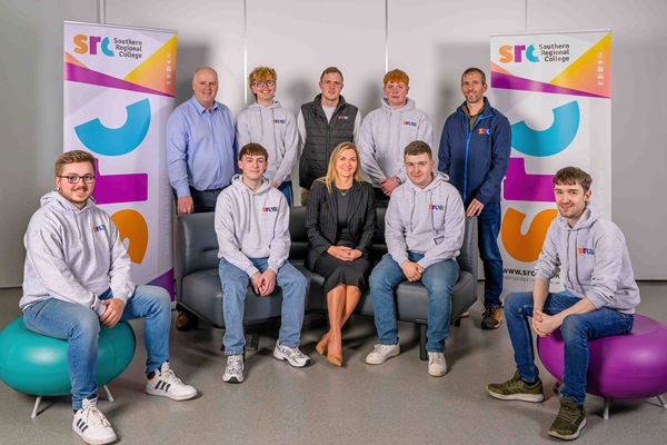 SRC students representing Northern Ireland at this year’s WorldSkills UK finals. Pictured (L-R) Back Row: Lindsay Bronte (SRC Organisational Development Manager), Andrew McVarnock, Keith Campbell (lecturer), Leon Ruddy, David Fairley (lecturer) Front Row: Ross Graham, Jack Harvison, Lee Campbell (SRC Principal & CEO), Joe Cullen, Phillip Fee Not pictured: Matthew Conn, Carter McKnight