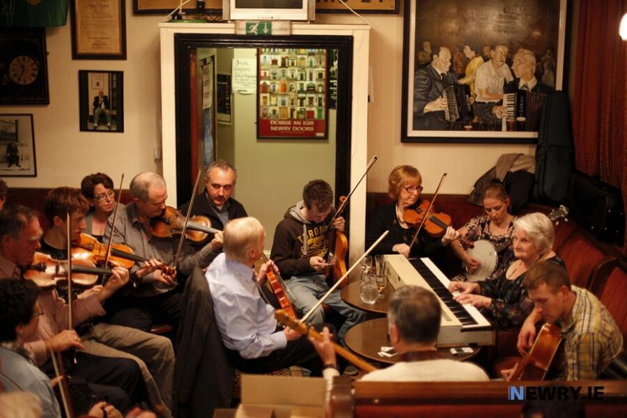 Josephine Keegan, right, launching her book of tunes in the Railway Bar back in 2012. Photograph: Columba O'Hare/ Newry.ie 
