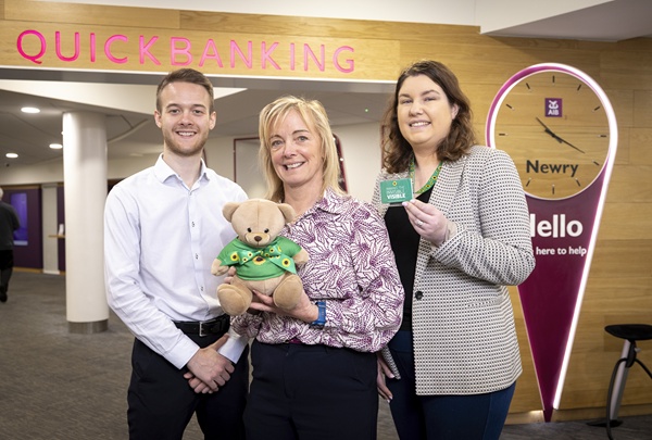 Pictured at AIB Newry are from left: Callum McCullough and Diana Johnston - AIB Newry Branch team, photographed with Sinéad Lucey Brennan - Director (Ireland & Northern Ireland) of Hidden Disabilities Sunflower charity.