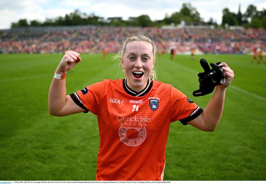 Aoife McCoy of Armagh celebrates after the TG4 Ulster LGFA Senior Football Championship final match between Armagh and Donegal at St Tiernach's Park in Clones, Monaghan. Photograph:  David Fitzgerald/Sportsfile