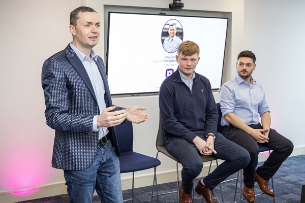 John Ferris, Regional Ecosystem Manager, Ulster Bank, speaks to Gareth McDonald and Gareth Gordon, Co-Founders of livestock management app, Farm Drive