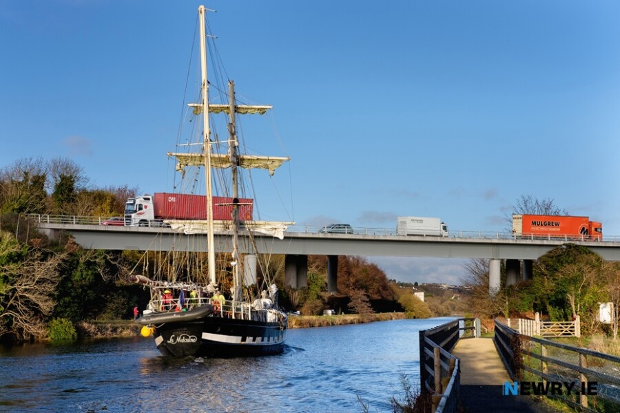 An image of the how the Southern Relief Road bridge might look as it blocks a tall ship from sailing in Newry Canal.  Photograph: Columba O'Hare/ Newry.ie 