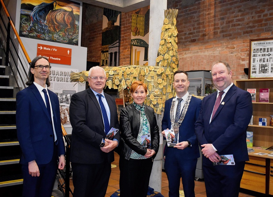 Ger Murphy, Director of Services, Louth County Council; David Conway, Chief Executive, Louth County Council; Rosin Cotter, Brigid of Faughart Festival; Cllr Seán Kelly, Cathaoirleach, Louth County Council; and Brian Walsh, Curator, County Museum, at the official opening of the new Brigid Exhibition at the County Museum in Dundalk