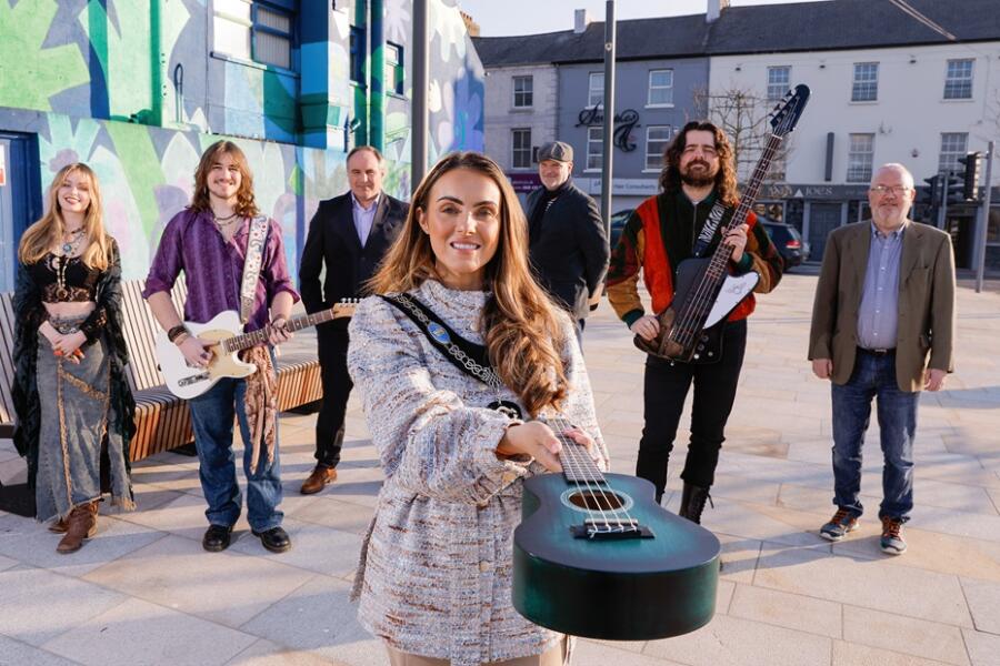 Launching Buskfest are from left: Banshee, the overall winner from last year, Chris Nelmes, The Boulevard Banbridge, Lord Mayor of Armagh City, Banbridge and Craigavon, Cllr Sarah Duffy,  Ralph McLean, BBC Radio Ulster, Banshee member and Michael Donaghy, Banbridge Chamber of Commerce.