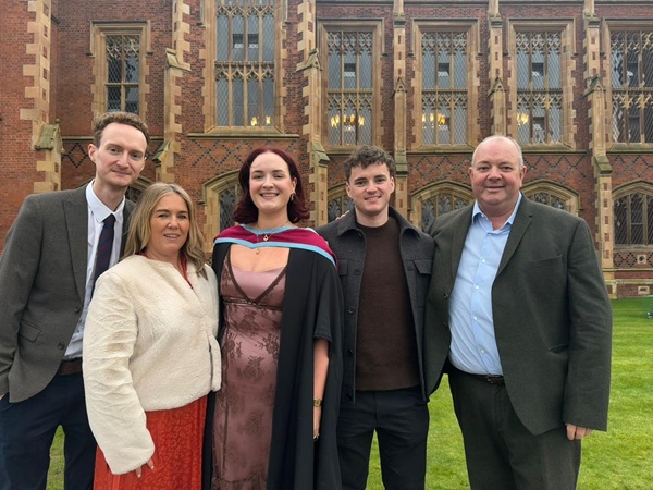 Caoimhe recently graduated from Queen’s University with a Master’s in Public Health. She is pictured with her family on graduation day.