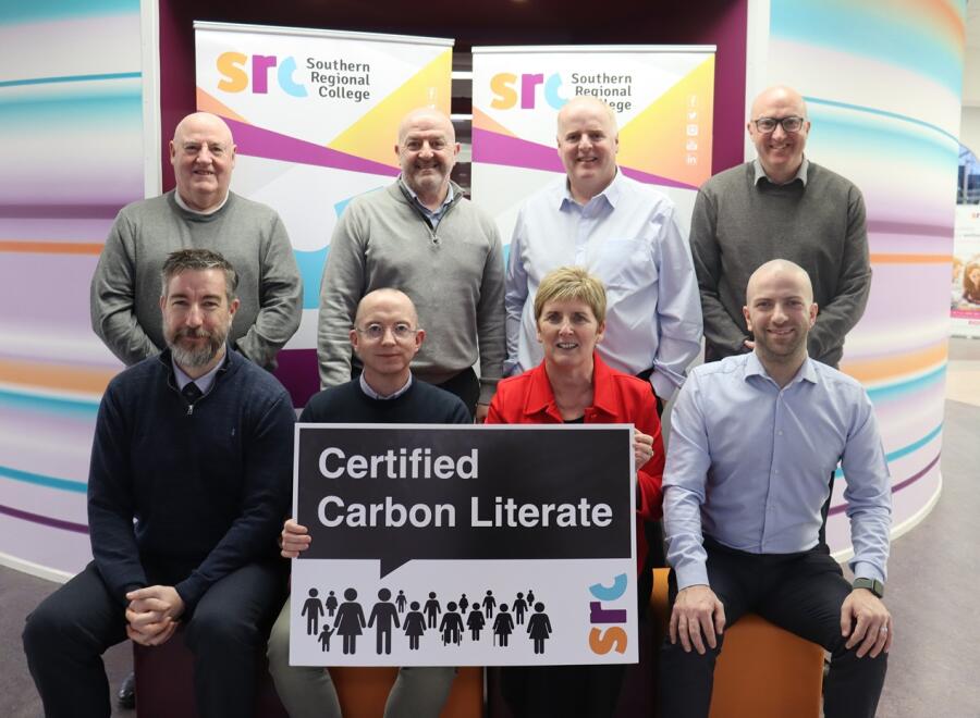 SRC continues its green powered movement with carbon literacy training for 16 managers.  Pictured are back from left: Paul Donaghy, Health, Safety and Environmental Manager; Raymond Sloan, Director of Client Services; Lindsay Bronte, Organisational Development Manager and Gary Young, Head of Estates. Front: Stephen Rogan, Head of Faculty, Computing Design & Academic Studies; Gary Mackin, Head of Faculty, Building, Technology & Engineering; Ann-Marie Hughes, Assistant Director, Human Resources & Development and Matt Turner, Head of Faculty, Professional Services.