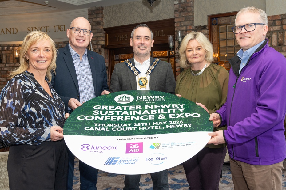 Launching the Greater Newry Sustainability Conference & Expo are from left: Diana Johnston, AIB Newry Branch Manager; Michael Savage, CEO, Newry Chamber; Cllr. Philip Campbell, Chairperson, Newry, Mourne and Down District Council; Candida Brown, Marketing & Communications Manager, Re-Gen and Mark Stevenson, Director of Business Development, Kinecx Energy. The event will take place on Thursday 28 May in the Canal Court Hotel, Newry.