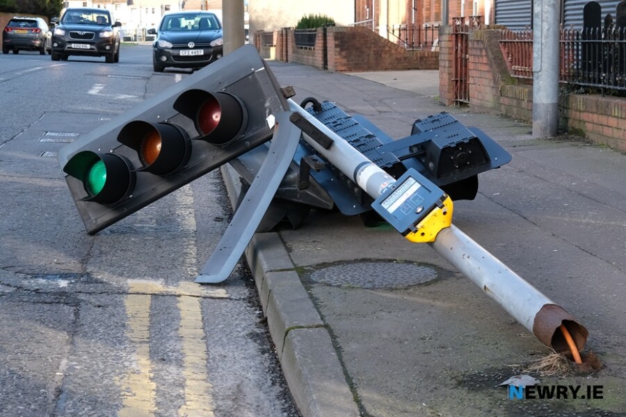 Storm damage to traffic lights on Patrick Street in Newry. Photograph: Columba O'Hare/ Newry.ie 