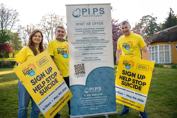 Raymond Flynn, BessbrookCamlough DIL organiser pictured with Seamus McCabe, CEO PIPS Hope and Support and Siobhan Brennan,  Training Officer PIPS Hope and Support at the Darkness into Light Launch ahead of this year’s walk on May 9. 
