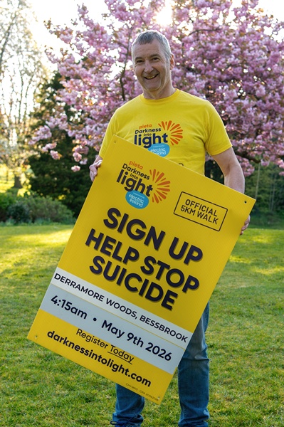 Raymond Flynn, BessbrookCamlough DIL organiser pictured promoting this year’s Darkness into Light encouraging people to sign and walk for Hope on May 9. 