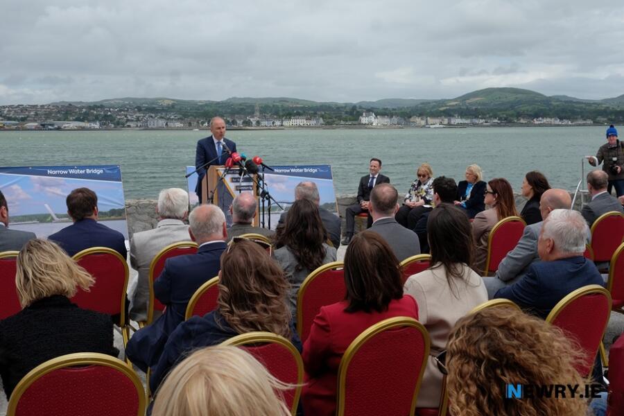 Taoiseach Micheál Martin speaking about the Narrow Water Bridge in Omeath in 2024. Photograph: Columba O'Hare/ Newry.ie 