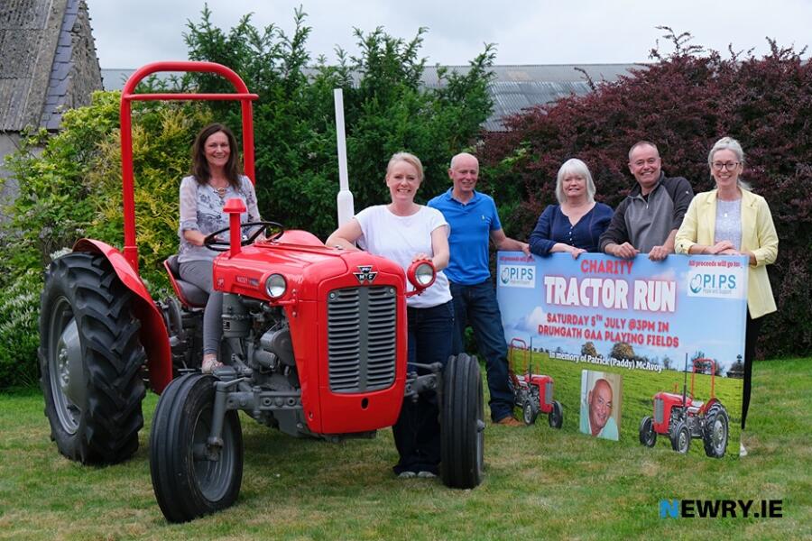 Looking forward to the Charity Tractor Run are Paddy's brothers and sisters. From left: Jenny O’Hagan, Mary McAvoy Faulks, Michael McAvoy, Moira Morgan, Damian McAvoy, Dolease Hughes. Photograph: Columba O'Hare/ Newry.ie 