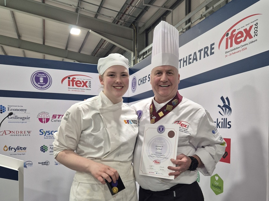 Kilkeel’s Eva Newell who won a bronze medal at the recent IFEX competition within the category ‘Restaurant Innovation – Dessert of the Year’.  Eva currently trains at Southern Regional College’s Newry campus, undertaking the Professional Chef Level 2 Traineeship.