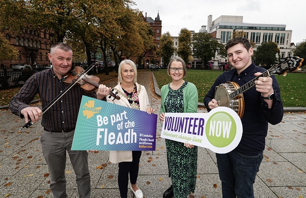 Looking forward to the Fleadh are Niall McClean, left, and Ciaran McCusker of Ards CCE, right, with Lord Mayor Cllr Tracy Kelly and Denise Hayward of Volunteer Now