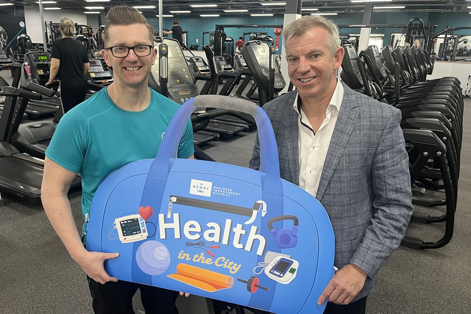 Ryan Clarke, Manager, Pure Gym is pictured with Eamonn Connolly, Newry BID Manager at the launch of Health in the City. Pure Gym will be providing a warm up for the Half Marathon and a number of taster classes for Health in the City.