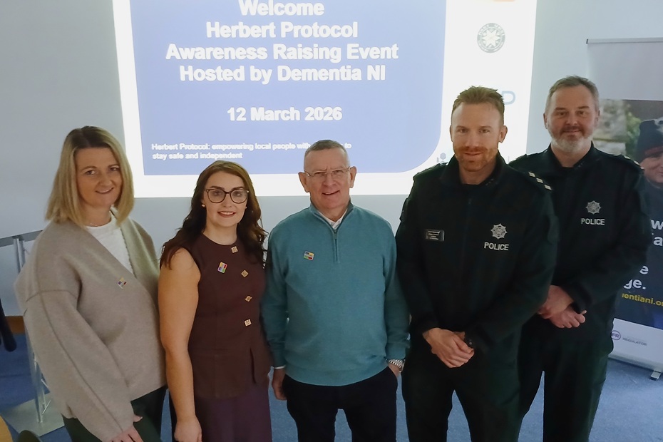 Pictured at the Dementia NI event are from left: Ashleigh Davis, Empowerment Lead, Dementia NI; Claire Rose Canavan, Empowerment Facilitator, Dementia NI; Martin Murtagh, Dementia NI Member; Chief Inspector Adam Ruston and Inspector Darren Hardy, PSNI.