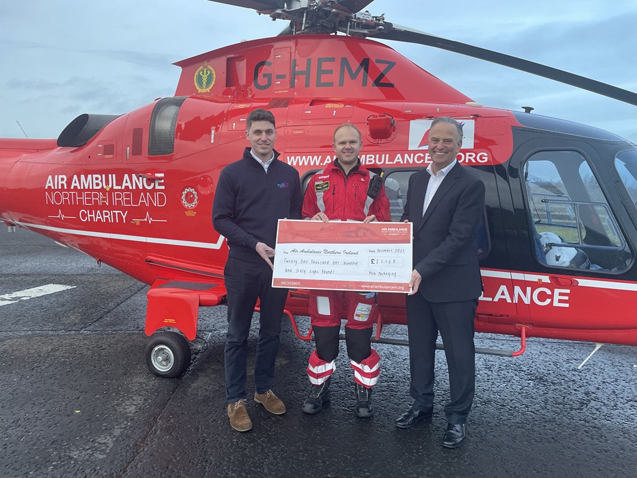 CFO Lee McDowell (Left), Air Ambulance NI Paramedic Cailean Campbell and CEO Andrew Ward (right).