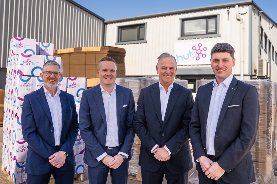pictured at the Hub Packaging headquarters are from left: Martin Smyth (Chief Operating Officer), David Quigley (Chief Revenue Officer), Andrew Ward (Chief Executive Officer) and Lee McDowell (Chief Financial Officer)