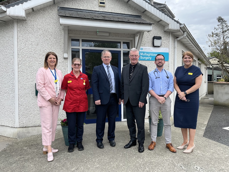 Pictured during the visit to Mullaghbawn are from left: Claire McNally, Denise Leonard DN Sister, Brian Beattie, Mike Nesbitt, Health Minister , Dr Colm McCormick, Locum GP and  Sinead Hughes