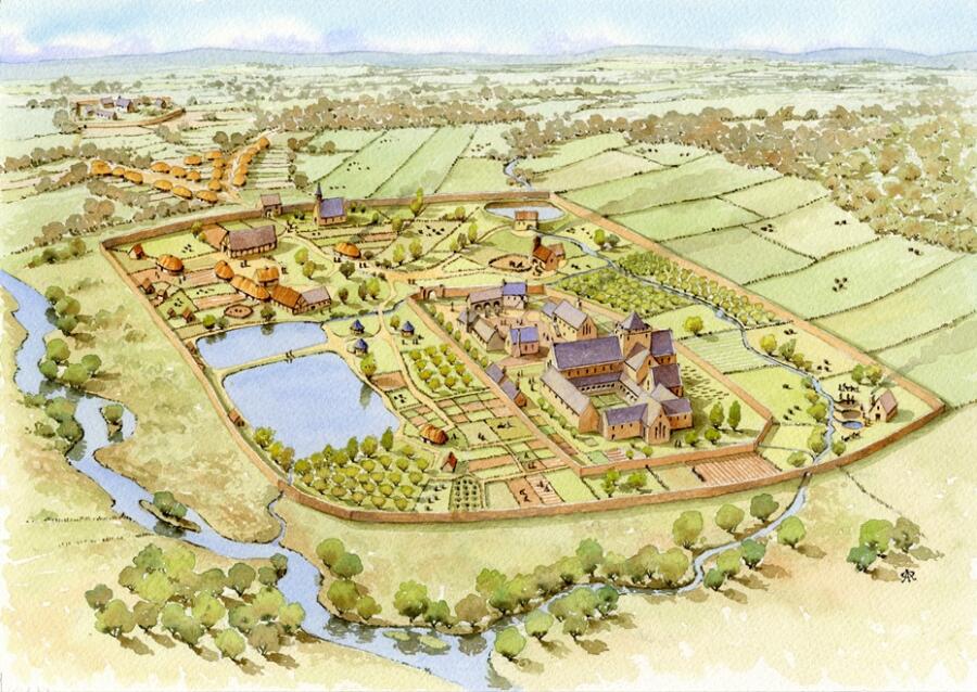 Artist’s impression of the Cistercian Abbey at Newry with its precinct established in 1153.  Newry & Mourne Museum Collection