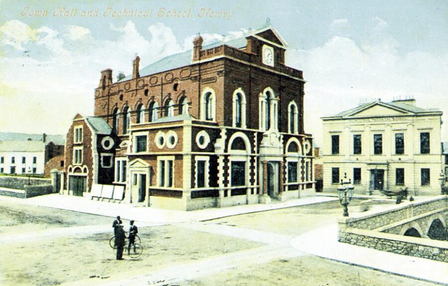 Postcard of Newry Town Hall in the early 20th century, showing the Savings Bank to the right. Newry and Mourne Museum Collection