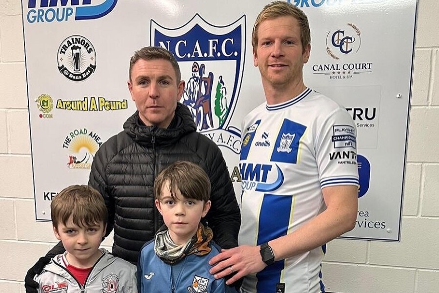 VANTRU's Managing Director, Rory Mulvaney is pictured alongside Club captain, Ryan McGivern, who has led a lucrative career playing with Manchester City, Scottish side ‘Hibs’ and internationally for Northern Ireland. Also included in the photo are Rory’s sons, Jack and Rory junior. 