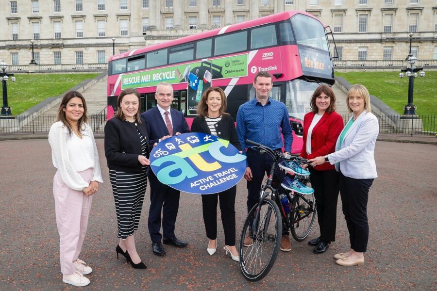 Pictured announcing the 2025 Active Travel Challenge are from left: Sharan Dustagheer, Dfi Active Travel Team, Deborah Erskine MLA, Chair of the Infrastructure Committee, Chris Conway, Translink Group CEO, Liz Kimmons MLA, Minister for Infrastructure, Andrew Carson, Health and Social Wellbeing Improvement Manager at Public Health Agency, Callie Persic, Development Manager at Belfast City Council and Claire Pollock, Head of Sustrans NI.
