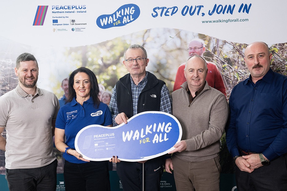 Step Up and Join In! Brand new €7.5 million Walking for All project launches to Inspire Health, Inclusion and Community. Joining the launch are from left: Robbie Geary, Sports Development Manager; Arlene Johnston, Walking for All Officer, Newry, Mourne and Down District Council Dawson Stelfox, Chair of Outscape and the first Irish person to summit Mount Everest; Declan Cilly, Head of Outdoor, Newry, Mourne and Down District Council and Gareth Moore, Head of Participation, Outscape.  