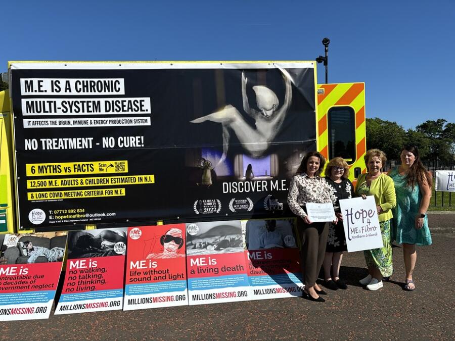 Pictured at the World M.E. Day awareness event at Stormont were from left: Liz Kimmins MLA, Linda Campbell (chair, Hope 4 ME & Fibro), Joan McParland MBE (Hope 4 ME & Fibro founder) and Eilidh Gilmore (Parent Rep Trustee)