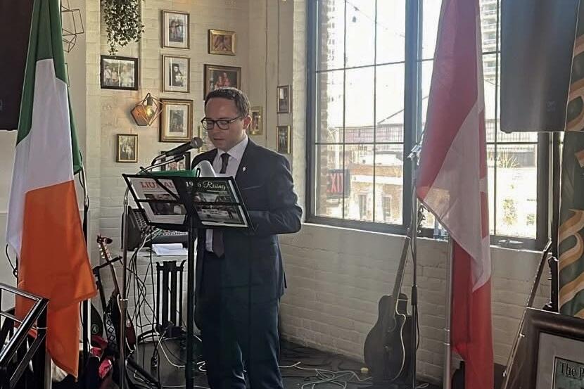 Daire Hughes MP speaking at an Easter commemoration in Toronto.