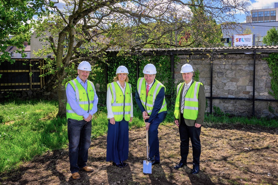 Breaking ground at the Newry Innovation Centre were Martin Harte, Managing Director (McAdam Design), Lee Campbell, Principal & Chief Executive (SRC), Mr Ian Snowden, Permanent Secretary (DfE) and Mark Campbell, Managing Director (Felix O’Hare and Co Ltd).