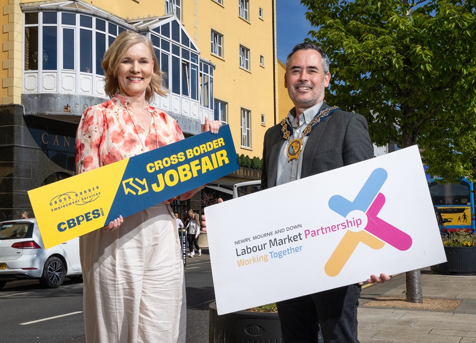 Newry, Mourne and Down District Council Chairperson Councillor Philip Campbell with Lydia McAleenan from the Department for Communities Employer Services Branch launching the forthcoming Newry, Mourne and Down Job Fair being held at the Canal Court Hotel in Newry on 3 June.