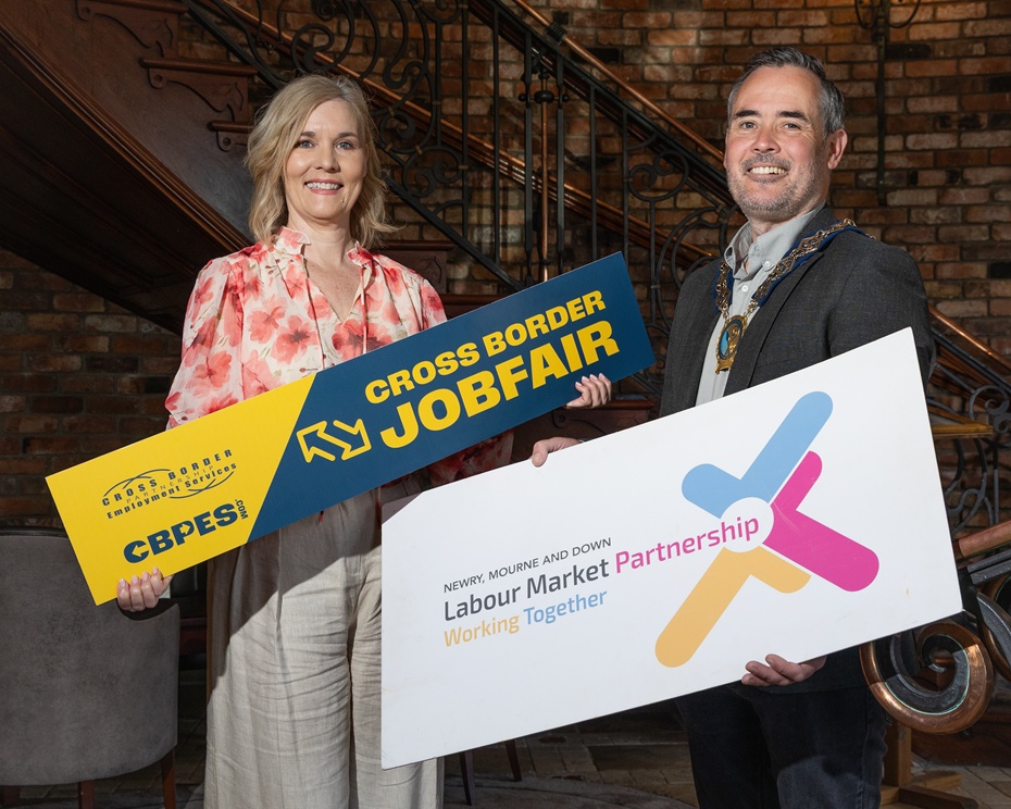 Council Chairperson, Councillor Philip Campbell is photographed with Lydia McAleenan, Acting Head of Employer Services, Department for Communities, at the launch of Newry, Mourne and Down Labour Market Partnership Job fair,