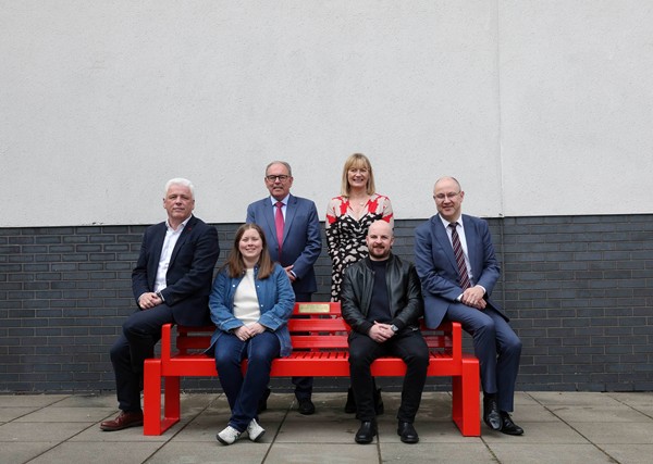 Karl Murray  is pictured with wife Nicole and Queen’s University Professor Frank Casey, who has undertaken pioneering work to improve care and quality of life for children with congenital heart conditions. Also pictured is Head of British Heart Foundation NI, Fearghal McKinney, Professor David Grieve and Professor Donna Fitzsimons from Queen’s University.