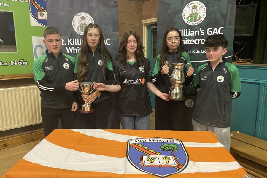 St Killian’s GAC Scór na nÓg finalists celebrate their success. From left: Manus Sherry, Niamh McVerry, Martha McKeown, Annie McVerry and Felix McKeown.