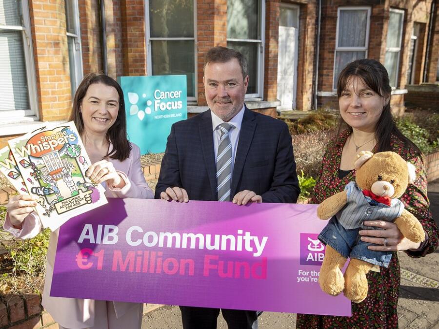 Launching the AIB Community €1 Million Fund are from left: Rosie Forsythe, Corporate and Community Fundraising Manager at Cancer Focus NI, Paul Doyle, Branch Manager at AIB Donegall Square, Gail Caldwell, Family Support Manager at Cancer Focus NI