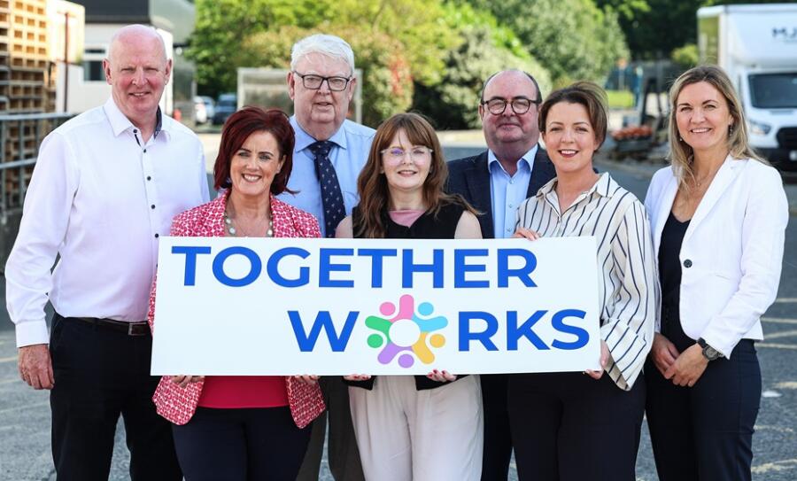 Pictured at the launch of a new pilot scheme ‘Together Works’ to support adults with moderate learning difficulties in Newry are from left: Brian Doran, Chair of Together Works Board, Edwina Flynn, President Newry Chamber, Paddy Duffy, Newry Gateway, Economy Minister Dr Caoimhe Archibald, who formally launched the initiative, Liam Devine, CEO Clanrye Group, Liz Kimmins MLA, Board member Together Works and Lee Campbell, CEO SRC.