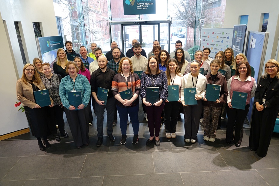 Newry, Mourne and Down District Council staff who took part in the 2025/26 Leadership Development Programme at the Downshire Civic Centre in Downpatrick.