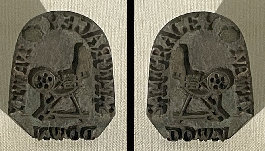 18th Century linen seal, used by Samuel Gracey, a local linen merchant. Linen seals were introduced by the Irish Linen Board to identify the cloth of individual merchants and means of ensuring high quality. Photo of artefact alongside an inverse image to show how it would look. Reproduced by Kind permission of the Trustees of the National Museum Northern Ireland.