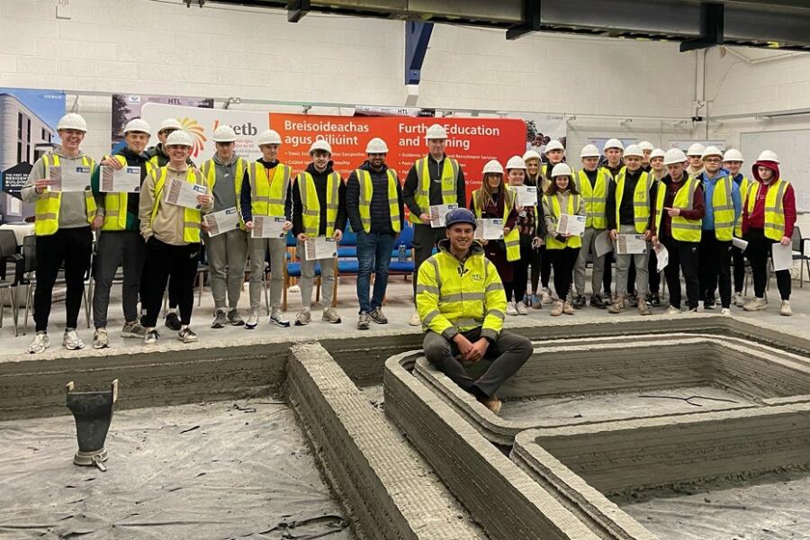 Digital Construction Management and Quantity Surveying Foundation and Bachelor Science Degree students who visited the cutting edge 3D concrete printer at LMETB’s research and training centre in Drogheda.
