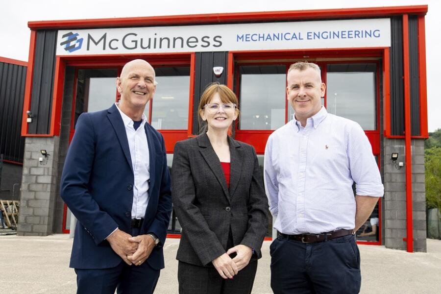 Pictured following the announcement are from left: George McKinney, Executive Director at Invest NI, Economy Minister Dr Caoimhe Archibald and Thomas McGuinness, Managing Director at McGuinness Mechanical Engineering (MGME)
