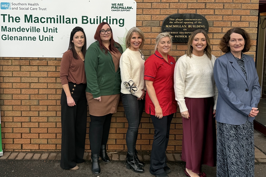 Southern Trust cancer services have received the highest score possible in the Macmillan Quality Environment Mark. Pictured from left are: Caroline Hillen,  Macmillan Information & Support Service Manager, Promoting Wellbeing Team; Caroline Davies, Macmillan Health and Wellbeing Support Worker; Mary McComb, Macmillan Service Improvement Lead; Claire O’Connor, Ward Sister Mandeville Unit; Clair Quin, Head of Cancer Services and Lynne Smart, Head of Health Improvement Promoting Wellbeing Team.