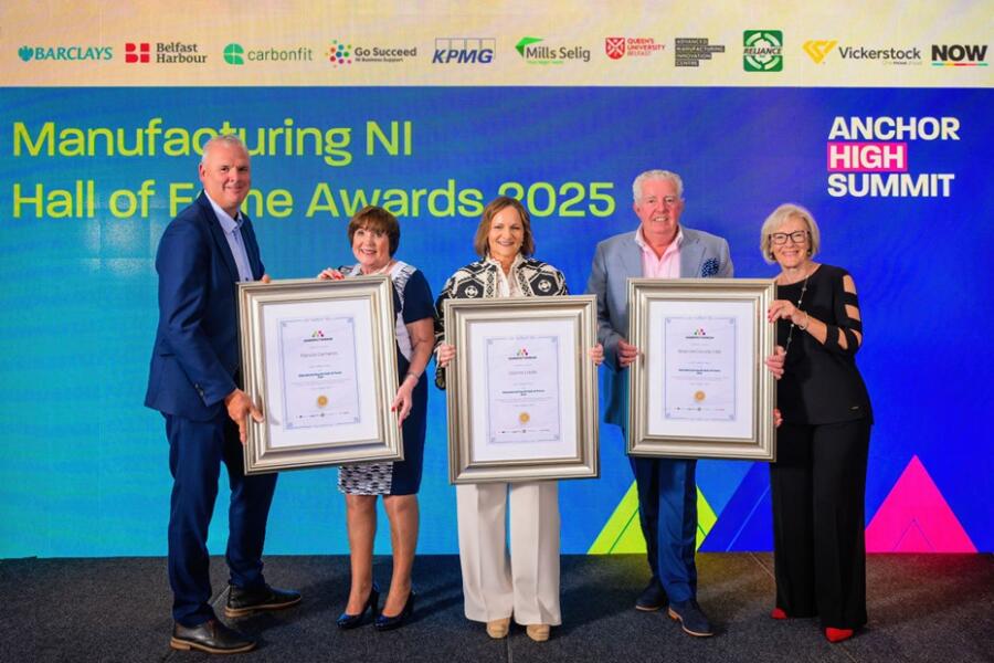  Pictured from left are: Richard Hogg, Chair, Manufacturing NI; Patricia Clements, Managing Director, Bradfor Ltd; Joanne Liddle, Managing Director, IPC Mouldings; Brian McConville CBE, Chair, MJM Group/Rathbane Group and Wendy Austin